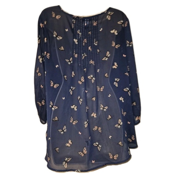 Torrid 1 Women's XL Garden Sheer Navy Pink burrerfly Print Pleated Front Tunic - Picture 2 of 4